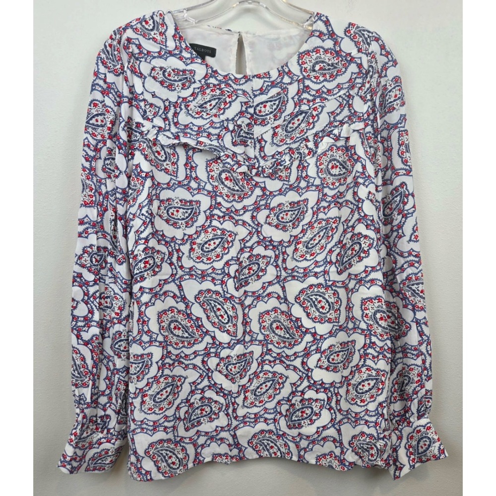 Talbots Womens Small Red Blue Paisley Floral Ruffle Yoke Long Sleeve Blouse Top